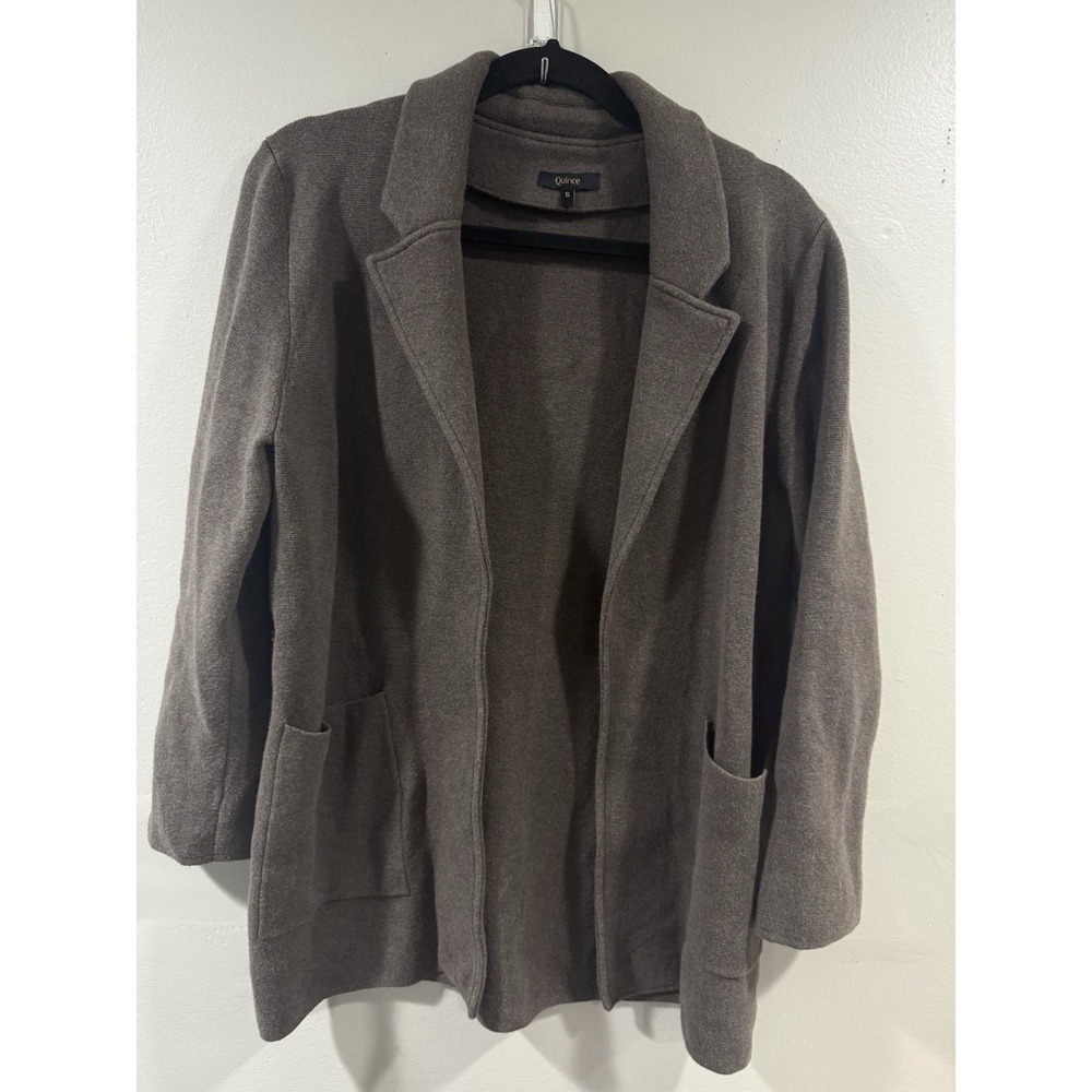 Quince S 100% Organic Cotton Knit Blazer Heather Brown Long Sleeve Open Front